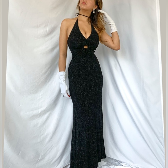 Black vintage y2k goth glitter halter prom dress gown with fishtail train - Picture 4 of 5